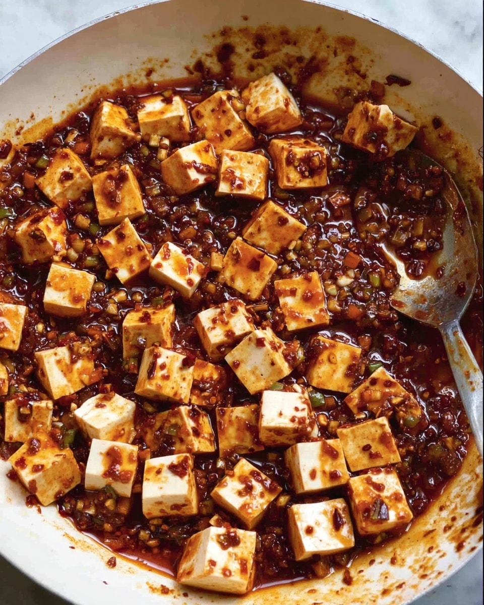 The image shows a white pan filled with many small white tofu cubes covered in a thick, dark reddish-brown sauce. The sauce looks oily and spicy, with visible chili flakes and small chopped ingredients mixed throughout. The tofu pieces are evenly spread across the pan, with the sauce glistening and sticking to each cube. A metal spoon rests in the pan on the right side, partly covered in sauce. The pan sits on a white marbled surface. photo taken with an iphone --ar 4:5 --v 7