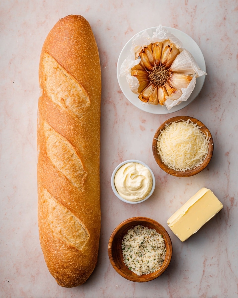 A long, golden brown loaf of bread with three diagonal slashes on top is placed on the left on a white marbled surface. To the right, there is a small white bowl holding a roasted bulb of garlic with deep golden caramelized tips. Below it is a small wooden bowl filled with finely grated parmesan cheese, and next to it is a stick of butter in its wrapper. A small white bowl filled with creamy mayonnaise sits next to the butter, and just above the cheese is a wooden bowl containing a light, crumbly mixture of grated parmesan and herbs. photo taken with an iphone --ar 4:5 --v 7