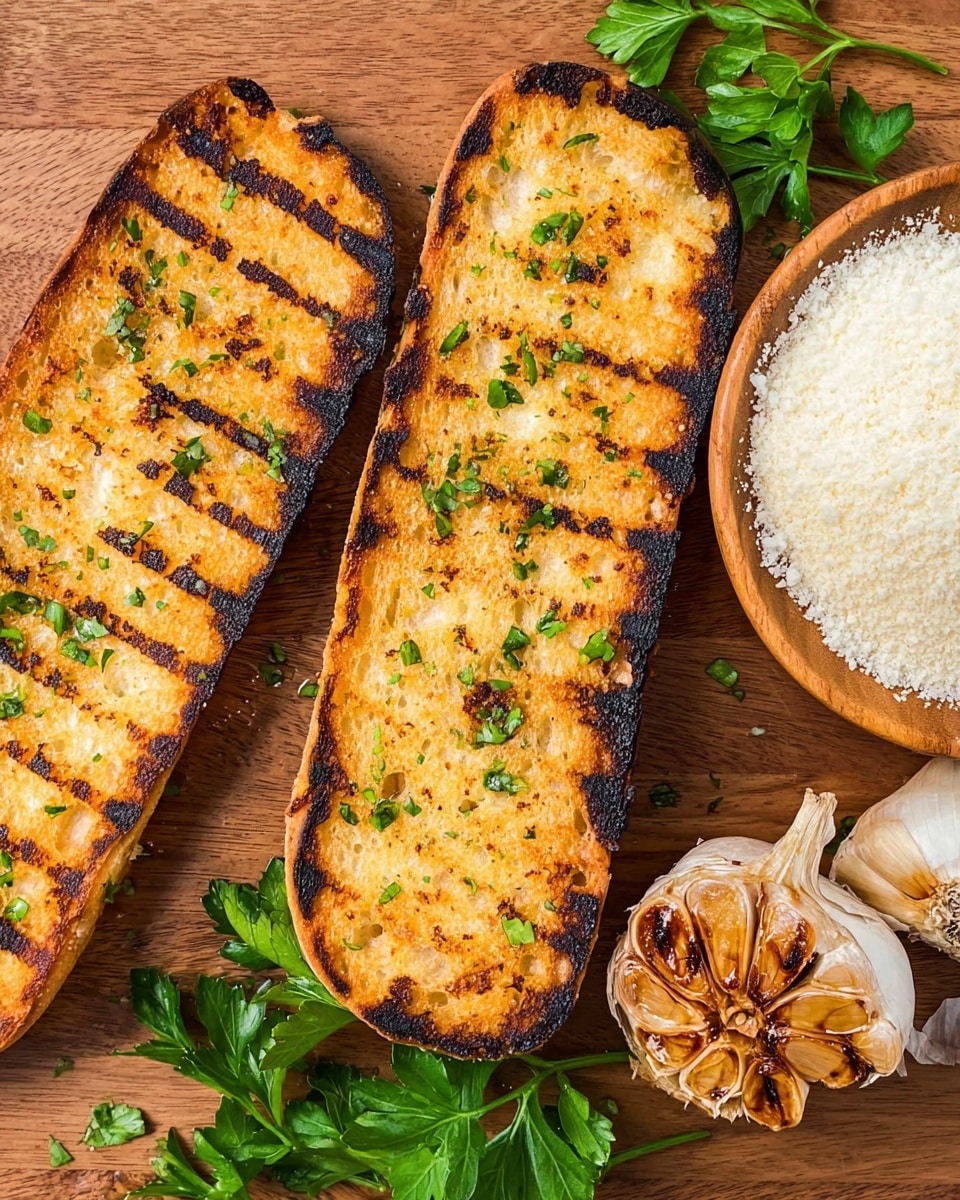 Two long pieces of grilled bread lie side by side on a wooden surface. Each piece has a golden-brown crust with darker grill marks across the top and small green herb bits sprinkled evenly over them. To the right, there is a round wooden bowl filled with grated white cheese, and just below it, a whole roasted garlic bulb with shiny, caramel-colored cloves. Fresh green parsley leaves are placed under the garlic and bowl. The scene is well lit, showing the crispy texture of the bread and the fresh look of the herbs. photo taken with an iphone --ar 4:5 --v 7