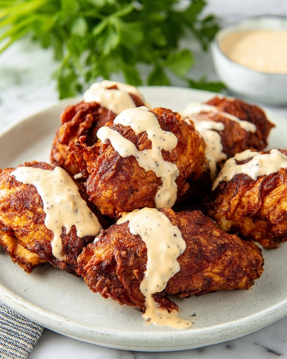 The image shows a white plate filled with six dark reddish-brown fried chicken pieces that look crispy and well-cooked. Each piece is thick with a rough, crunchy texture and is drizzled with a creamy, light beige sauce that has small dark specks, evenly spread over the top of the chicken. The plate is set on a white marbled surface with some green leafy herbs blurred in the background, adding a fresh touch. The photo taken with an iphone --ar 4:5 --v 7