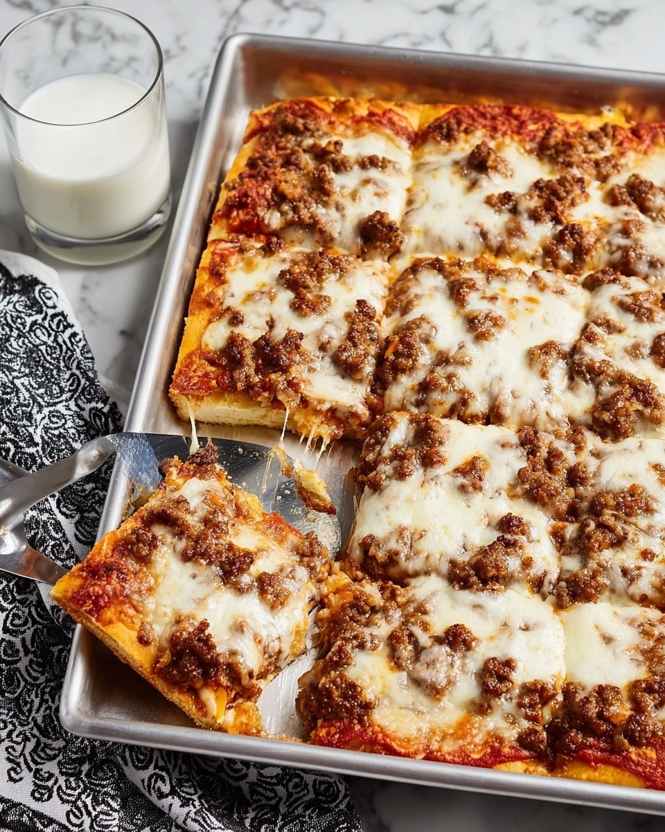 The image shows a rectangular pizza in a metal baking pan placed on a white marbled surface. The pizza has three main layers: the bottom layer is a golden-brown thick crust, the middle layer is a red tomato sauce spread evenly, and the top layer is a thick layer of melted white cheese with browned spots and small brown cooked ground meat pieces scattered all over. A slice is being lifted out by a metal spatula, with cheese stretching between the slice and the rest of the pizza. Next to the pan, there is a glass of milk and a black and white patterned cloth. Photo taken with an iphone --ar 4:5 --v 7
