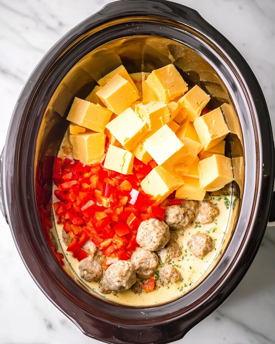 Inside a dark slow cooker, there are three visible layers: the bottom layer is a mix of white cream sauce and light brown small meatballs, the middle left section has bright red chopped peppers, and the upper part is filled with large cubes of pale yellow cheese. The slow cooker is placed on a white marbled surface. photo taken with an iphone --ar 4:5 --v 7
