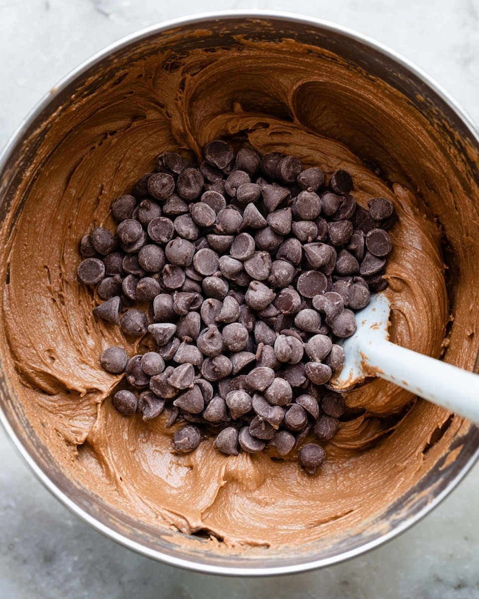 A close-up view of a large bowl filled with thick, smooth chocolate batter that has a rich brown color and creamy texture. On top of the batter, there is a pile of dark brown chocolate chips scattered in the center, showing a mix of rounded and slightly pointed shapes. A white mixing paddle is partially visible on the right side, resting inside the bowl and partially covered with batter. The bowl itself has a shiny metallic inside, and the scene sits on a white marbled surface. photo taken with an iphone --ar 4:5 --v 7