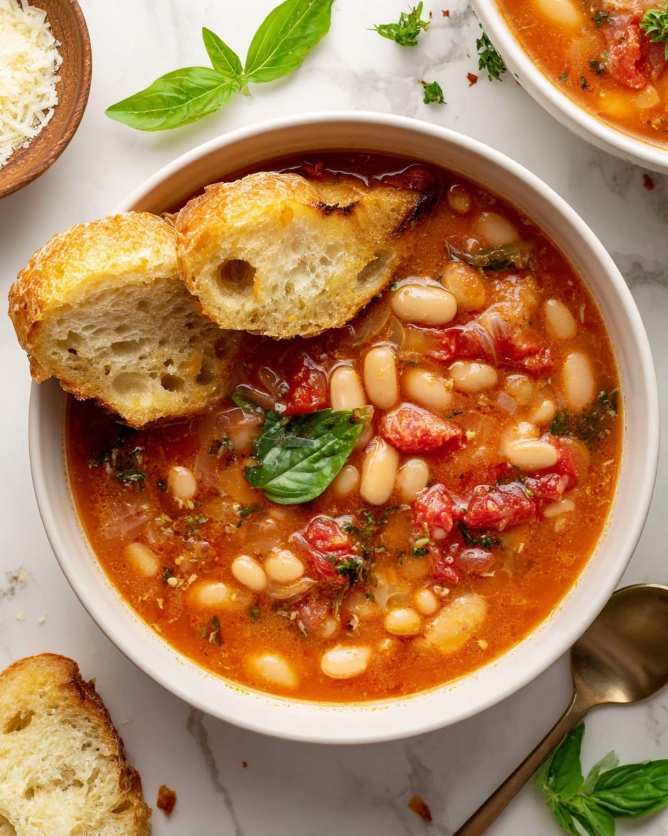 A white bowl filled with warm tomato and white bean soup, showing a rich orange-red broth with whole white beans and chunky pieces of red tomato. Two pieces of torn golden bread sit on top of the soup, soaking in the liquid. The bowl is placed on a white marbled surface with fresh green parsley and basil leaves scattered around, and a small wooden bowl of grated cheese nearby. Photo taken with an iphone --ar 4:5 --v 7