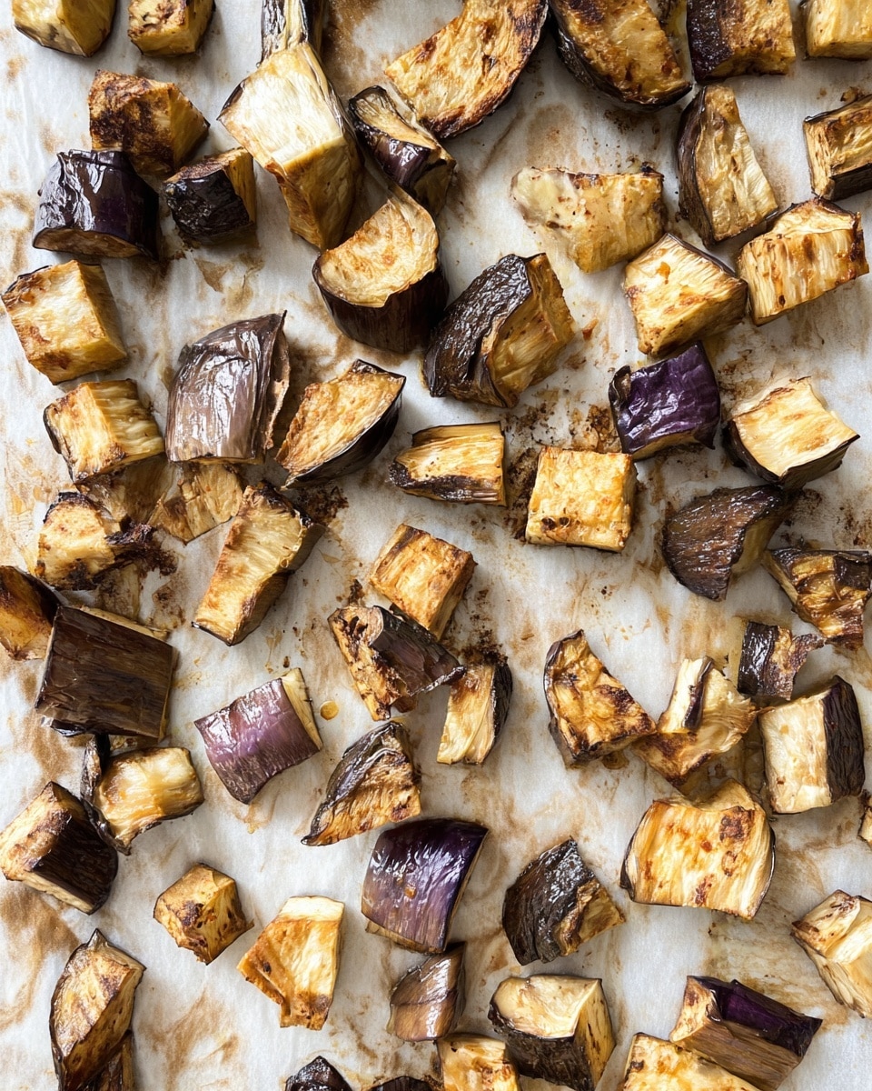 This image shows many pieces of roasted eggplant scattered on white baking paper with brown marks and light oil stains. The eggplant pieces vary in size and shape, showing thick, soft, cooked flesh in beige to light golden color with some darker brown, charred edges. Some pieces still have dark purple skin attached, adding a mix of deep violet and brown tones. The texture looks tender and slightly wrinkled, with visible small seeds and light grill marks. The background is a white marbled texture. photo taken with an iphone --ar 4:5 --v 7