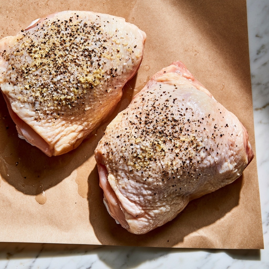 Two raw chicken thighs with skin are placed on a layer of brown parchment paper on a white marbled surface. The chicken skin is pale with a light, creamy color and some pinkish tones. Both thighs are sprinkled on top with coarse black pepper, salt, and other seasonings that have a pale yellow and black color. The texture of the chicken skin looks slightly bumpy and moist, while the parchment paper beneath is smooth with some small drops of liquid. The image shows a close view focused mainly on the chicken, with soft natural light coming from one side, creating gentle shadows. photo taken with an iphone --ar 4:5 --v 7