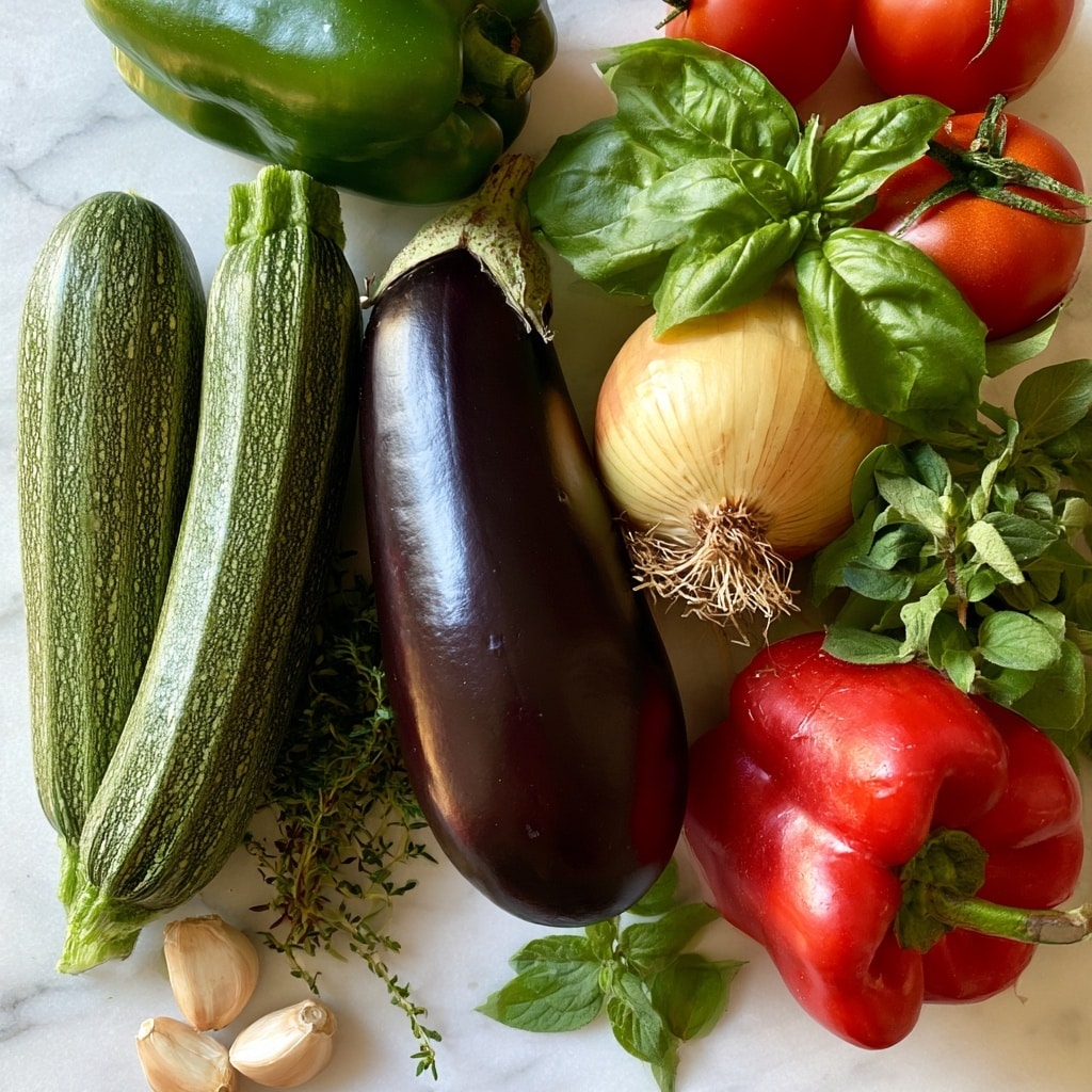 The image shows a variety of fresh vegetables spread out on a white marbled surface. There are two striped green zucchinis on the left side, a large dark purple eggplant in the middle, a green bell pepper near the top left, and a red bell pepper at the bottom right. Next to the eggplant, there's a large round yellow onion with roots visible, and two bright red tomatoes near the top right. Fresh green basil leaves are placed near the tomatoes, with some thyme sprigs below the zucchinis and oregano leaves near the red bell pepper. At the bottom left, there are three garlic cloves. The overall arrangement is neat, showing the vibrant colors and textures of each ingredient. photo taken with an iphone --ar 4:5 --v 7