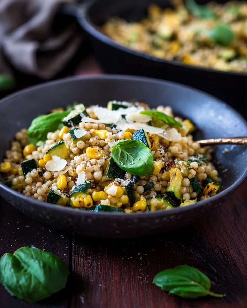 A dark gray bowl filled with a colorful mix of small pearl-like grains, bright yellow corn kernels, and small green zucchini pieces, topped with fresh green basil leaves and light white cheese shavings sprinkled across the dish. The texture looks soft with some browned bits, and the bowl sits on a dark wooden surface with green basil leaves scattered around. In the background, there is a black skillet with more of the same dish, slightly blurred. photo taken with an iphone --ar 4:5 --v 7