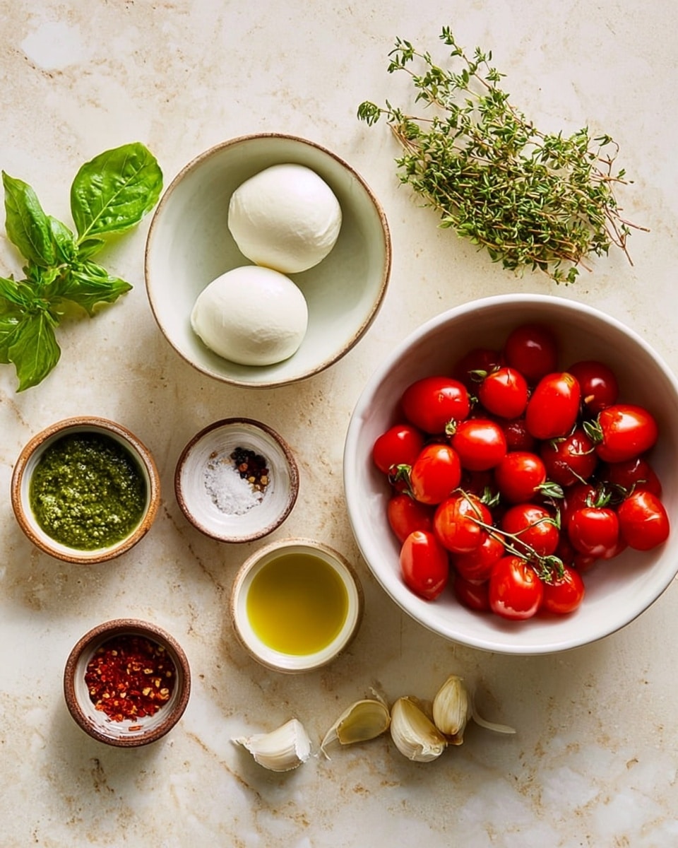 A white bowl filled with two soft, round white mozzarella balls sits near the center of a white marbled surface. To the right, a larger white bowl is full of bright red grape tomatoes with fresh green thyme garnishing the edge. Surrounding these main bowls are smaller white and brown bowls containing green pesto, olive oil, salt, black pepper, red pepper flakes, and whole garlic cloves. Fresh green basil leaves rest near the top of the frame. The whole arrangement is neatly spaced and balanced, with natural lighting enhancing the vibrant colors and textures. Photo taken with an iphone --ar 4:5 --v 7