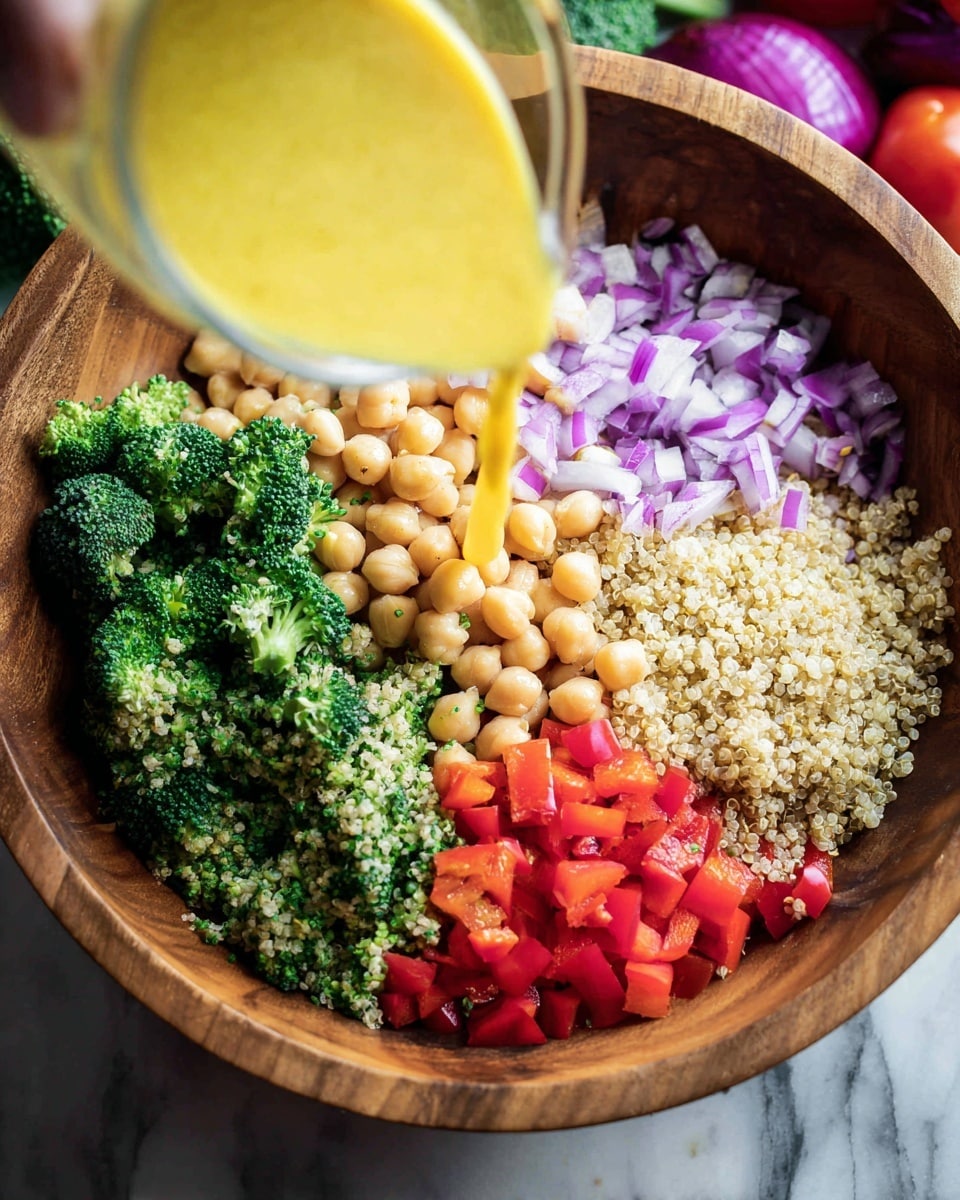A wooden bowl holds five clear layers of food: chickpeas light beige on the left, bright green broccoli florets in the center, cooked quinoa pale brown and cream on the right, finely chopped purple onion below the chickpeas, and bright red chopped bell pepper to the right of the onions. A woman's hand is pouring a thick yellow dressing from a clear glass container over the broccoli. The background shows blurred red tomatoes, purple onion, and green broccoli on a white marbled surface. Photo taken with an iphone --ar 4:5 --v 7