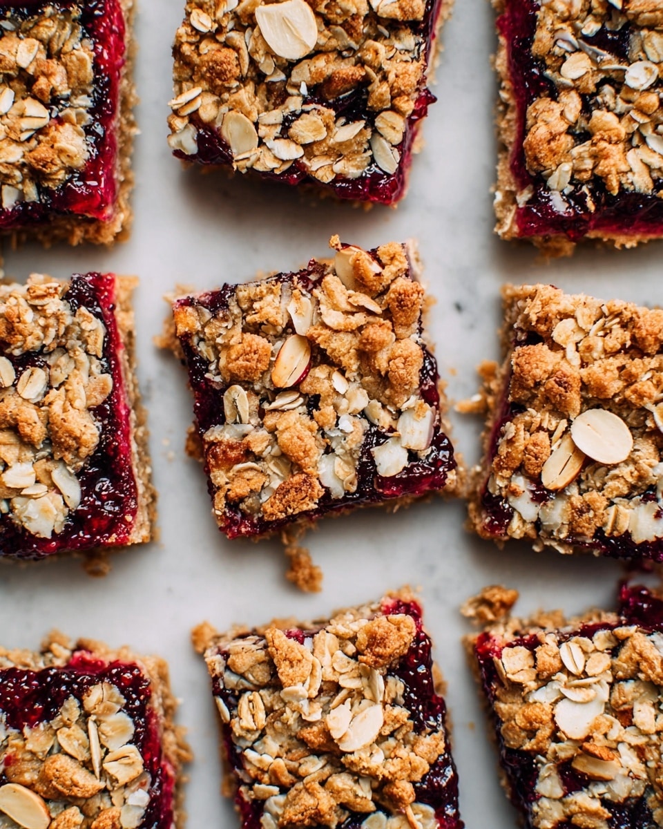 The image shows multiple square bars laid out on a white marbled surface. Each bar has three visible layers: a dark red berry jam layer at the bottom, a thick middle layer of dense, crumbly oat mixture, and a top layer sprinkled with sliced almonds and whole oats giving a textured, crunchy look. The bars have uneven edges, showing the rough oat clusters sticking out, with patches of the red jam peeking through the gaps. The colors mix warm golden browns with deep reds and light beige from the nuts and oats. photo taken with an iphone --ar 4:5 --v 7