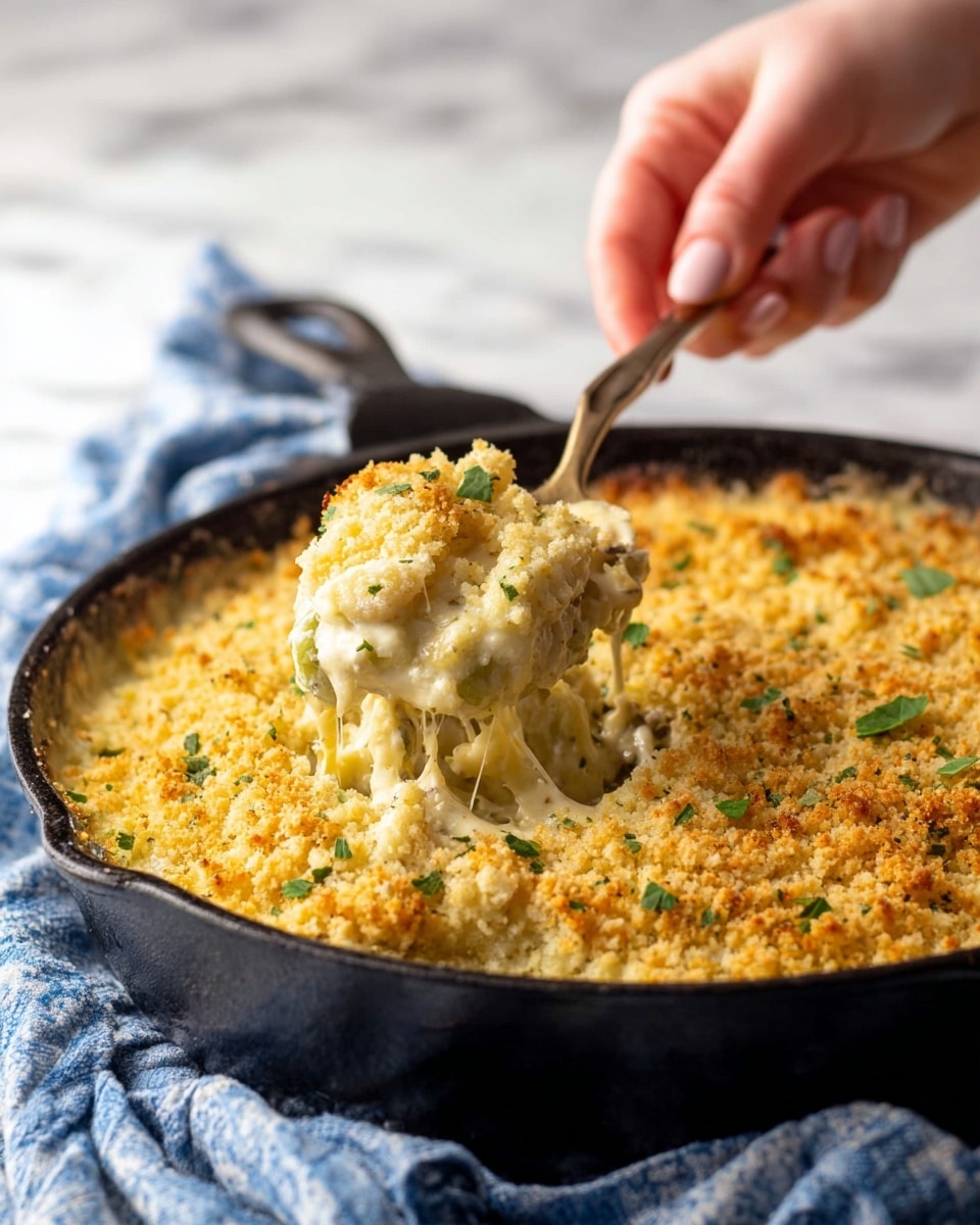 A black cast iron pan holds a creamy casserole with two main layers: the top layer is a golden brown, crunchy breadcrumb crust scattered with small green herb leaves, while beneath it is a thick, light yellow mixture with visible bits of herbs and melted cheese, showing a soft and slightly stringy texture. A woman's hand is lifting a spoonful of the casserole, revealing the moist inside with a creamy, smooth texture mixed with the herbs, against a softly blurred blue and white cloth in the background on a white marbled surface. photo taken with an iphone --ar 4:5 --v 7