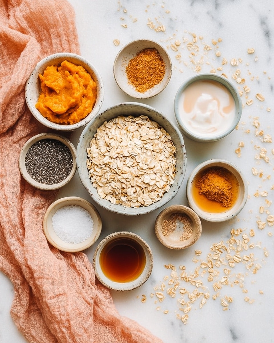 The image shows several small bowls and a larger bowl on a white marbled surface surrounded by a soft peach cloth. The largest bowl is filled with light tan rolled oats. Around it are seven smaller bowls: one with thick, orange pumpkin puree; one with white yogurt; one with a creamy light brown liquid, likely milk; one with dark tiny chia seeds; one with dark brown maple syrup; one with a light brown powder, likely ground cinnamon; and one with white coarse salt. Some oat flakes are scattered lightly around the bowls. The scene is bright and airy, with soft natural light. Photo taken with an iphone --ar 4:5 --v 7