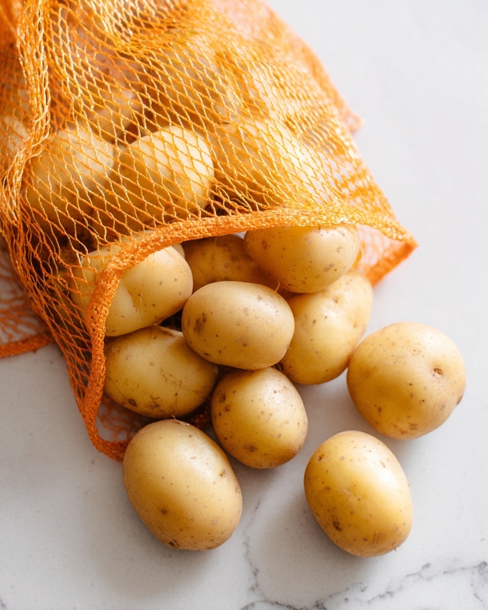 A close-up view of a loosely open orange mesh bag containing several light yellow potatoes. Some potatoes are inside the bag, showing smooth, round shapes with slight spots and small indentations, while a few potatoes lay outside the bag on a white marbled surface. The mesh bag texture contrasts with the smooth skin of the potatoes, and the lighting is soft and natural, highlighting the shapes and textures clearly. Photo taken with an iphone --ar 4:5 --v 7