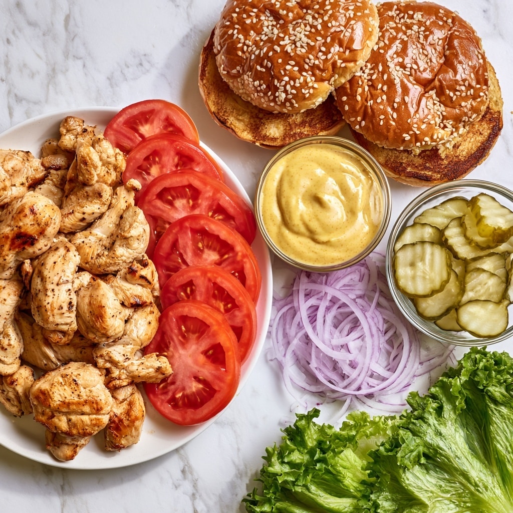 The image shows grilled chicken pieces with a light golden-brown color on a white plate positioned on the left side. To the right, there are sliced red tomatoes stacked in a half-circle, next to a small glass bowl filled with creamy honey mustard sauce with a smooth yellow texture. Above the mustard, there are sesame seed-topped hamburger buns with a shiny brown surface that are open and toasted inside. Below the mustard are thin purple onion rings scattered on a white marbled surface. A glass bowl filled with sliced pickles sits near the onions, displaying light green circular layers. At the bottom right, there are fresh green lettuce leaves with a crinkly texture. Everything is arranged neatly on a white marbled background. Photo taken with an iphone --ar 4:5 --v 7