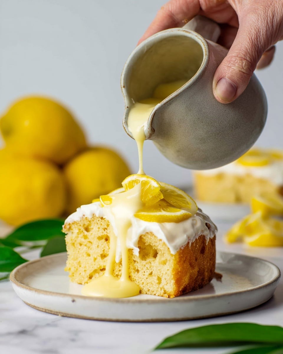 A white rectangular baking dish filled with a creamy white layer topped with swirls of bright yellow sauce that create a marbled effect across the surface; thin round lemon slices are placed evenly on top, adding bursts of pale yellow. The background is a white marbled surface, with a partial lemon visible in the upper left corner and a green leaf peeking from the bottom left. The texture of the creamy layer is smooth with some soft peaks and waves, giving a fresh and light look. Photo taken with an iphone --ar 4:5 --v 7