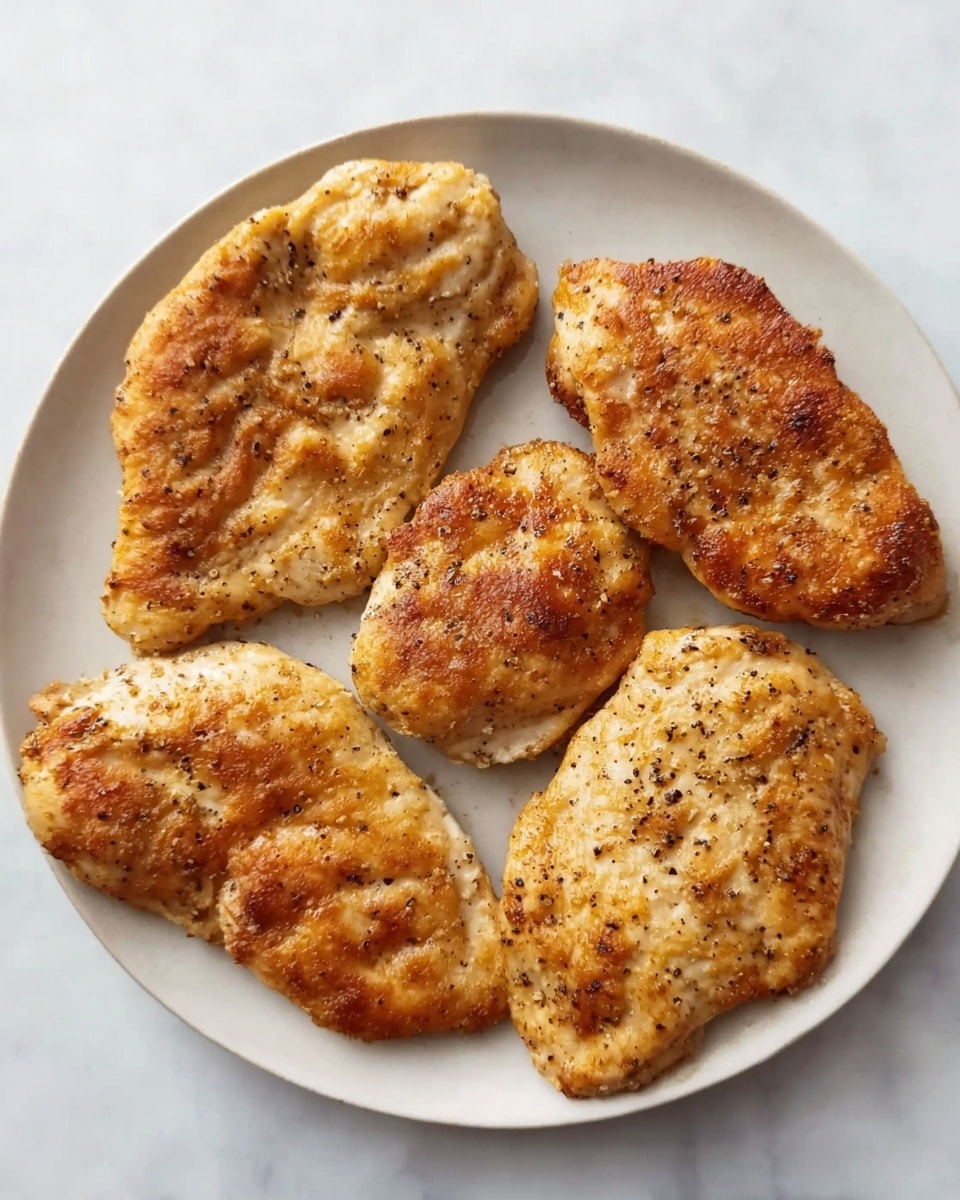 A round white plate holds four cooked chicken pieces arranged in a roughly circular shape, each piece golden-brown with a slightly crispy texture and visible seasoning of black pepper. The chicken pieces vary in shape and size; the top left piece is oblong with a wavy surface, the top right piece is more rounded and flatter, the bottom right piece is oval and puffed, and the bottom left piece is elongated with slight ridges. The plate sits on a white marbled background. photo taken with an iphone --ar 4:5 --v 7