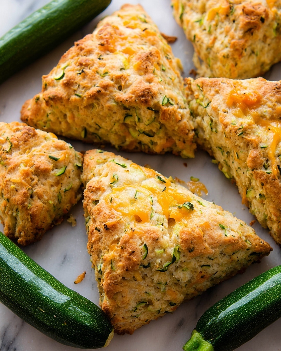 The image shows several golden-brown scones with a rough, crumbly texture on a white marbled surface. Each scone has visible bits of green zucchini and melted cheese scattered on top and throughout the dough, giving the surface an uneven, hearty look. The scones are triangular with slightly rounded edges, showing a mix of light beige and orange colors from the cheese. Around the scones, whole small zucchinis with shiny dark green skin are placed, adding contrast to the warm tones of the baked scones. photo taken with an iphone --ar 4:5 --v 7