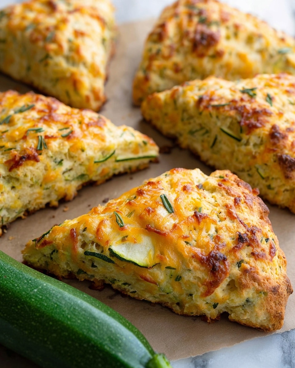 The image shows several golden brown scones with a triangular shape, arranged on a light brown baking paper. Each scone has a rough, crumbly texture with visible pieces of green herbs and shredded cheese baked on top, melted and slightly crispy in places. The scones have a light yellow base with darker burnt edges giving a homemade look. To the side, there is a whole green zucchini resting on the surface, which is a white marbled texture, adding a fresh and rustic feeling. The lighting highlights the texture of the scones and cheese. photo taken with an iphone --ar 4:5 --v 7