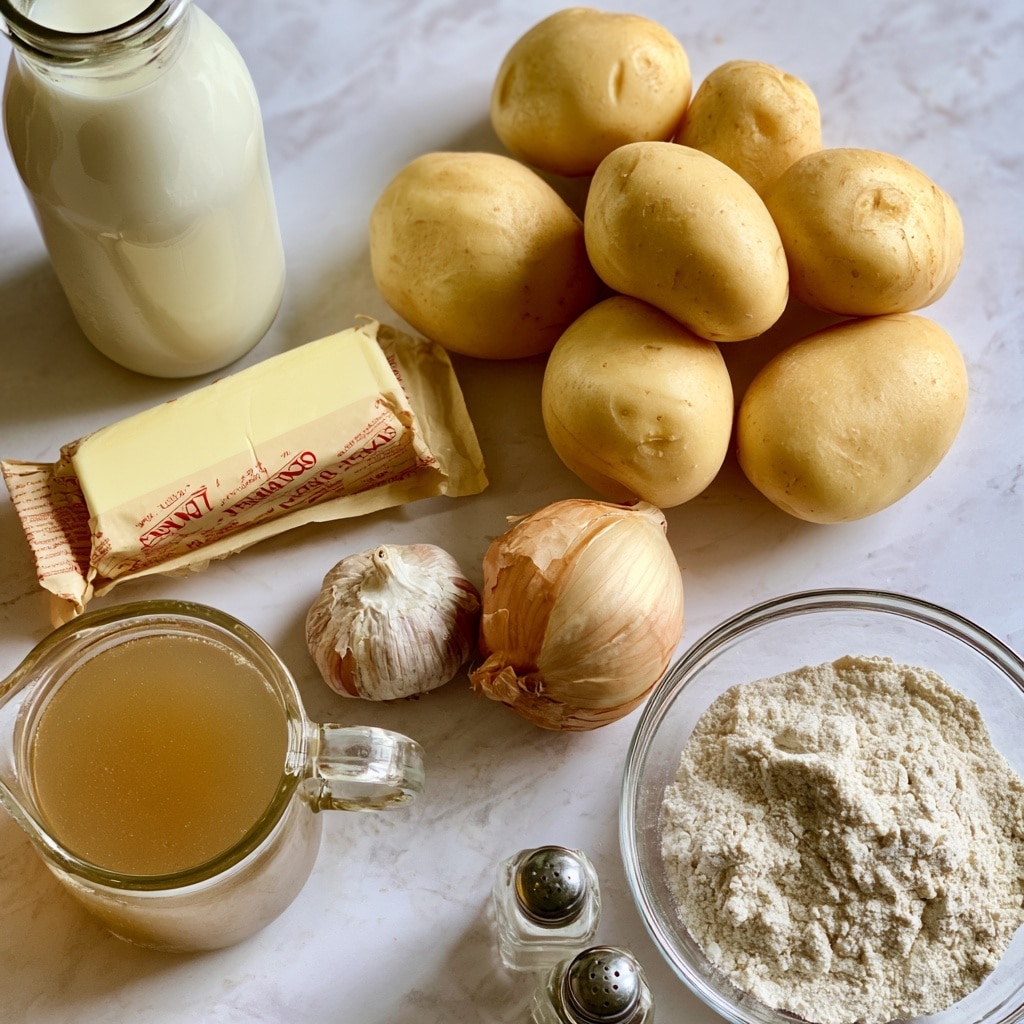 The image shows several smooth, light yellow potatoes clustered on the upper right side on a white marbled surface. To the left, there is a glass bottle of white milk, and below it, a stick of pale yellow salted sweet cream butter wrapped in beige paper with red text. Below the butter is a glass pitcher filled with light brown broth. Near the pitcher is a round garlic bulb with white and light brown skin, and to the right of the garlic, a medium-sized onion with light brown, papery skin. At the bottom right, a clear round glass bowl holds white flour. Next to the flour, there are two small glass shakers with salt and black pepper on the white marbled surface. The background is softly textured in white marbled color. Photo taken with an iphone --ar 4:5 --v 7
