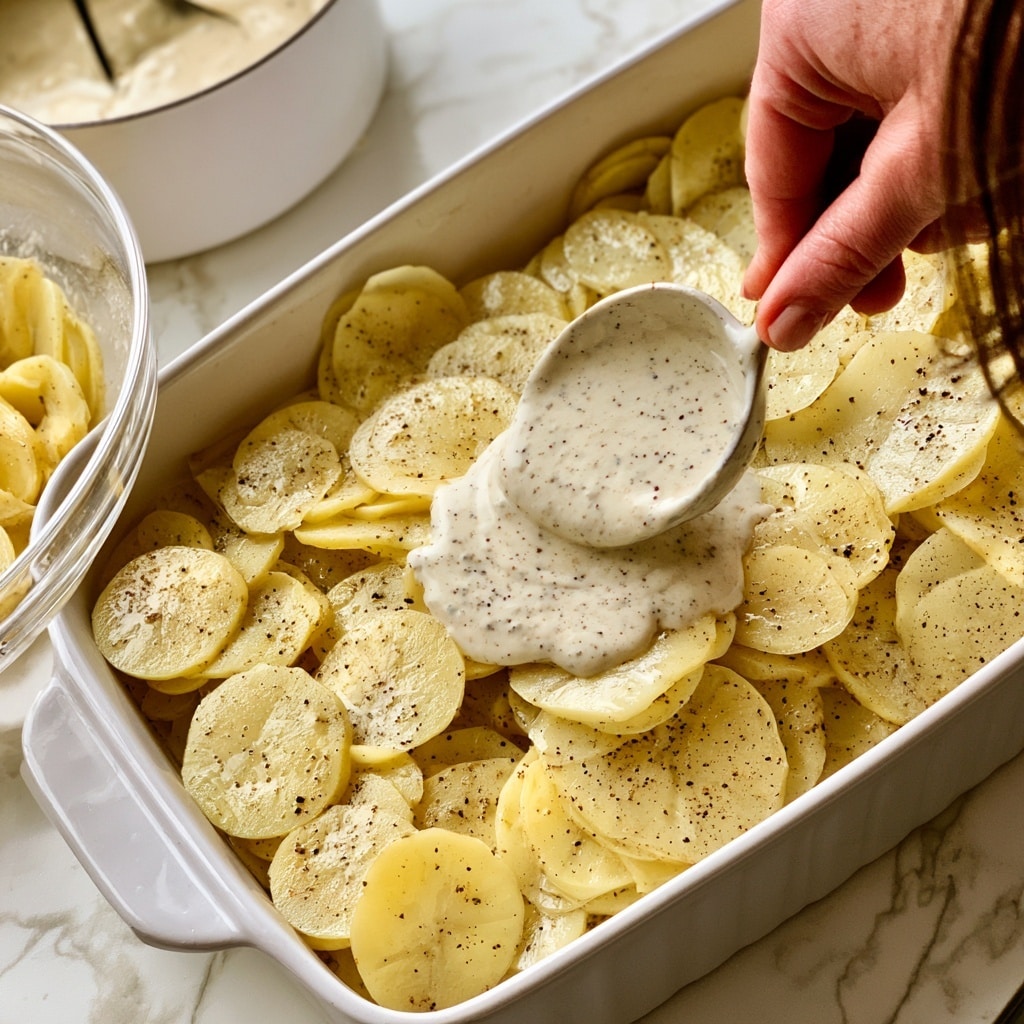 A white rectangular baking dish filled with a layer of thin, round, pale yellow potato slices sprinkled with black pepper, and a woman's hand pouring creamy white sauce with specks of black pepper from a ladle over the potatoes, beside a glass bowl with more potato slices and a white pot with extra sauce on a white marbled surface. photo taken with an iphone --ar 4:5 --v 7