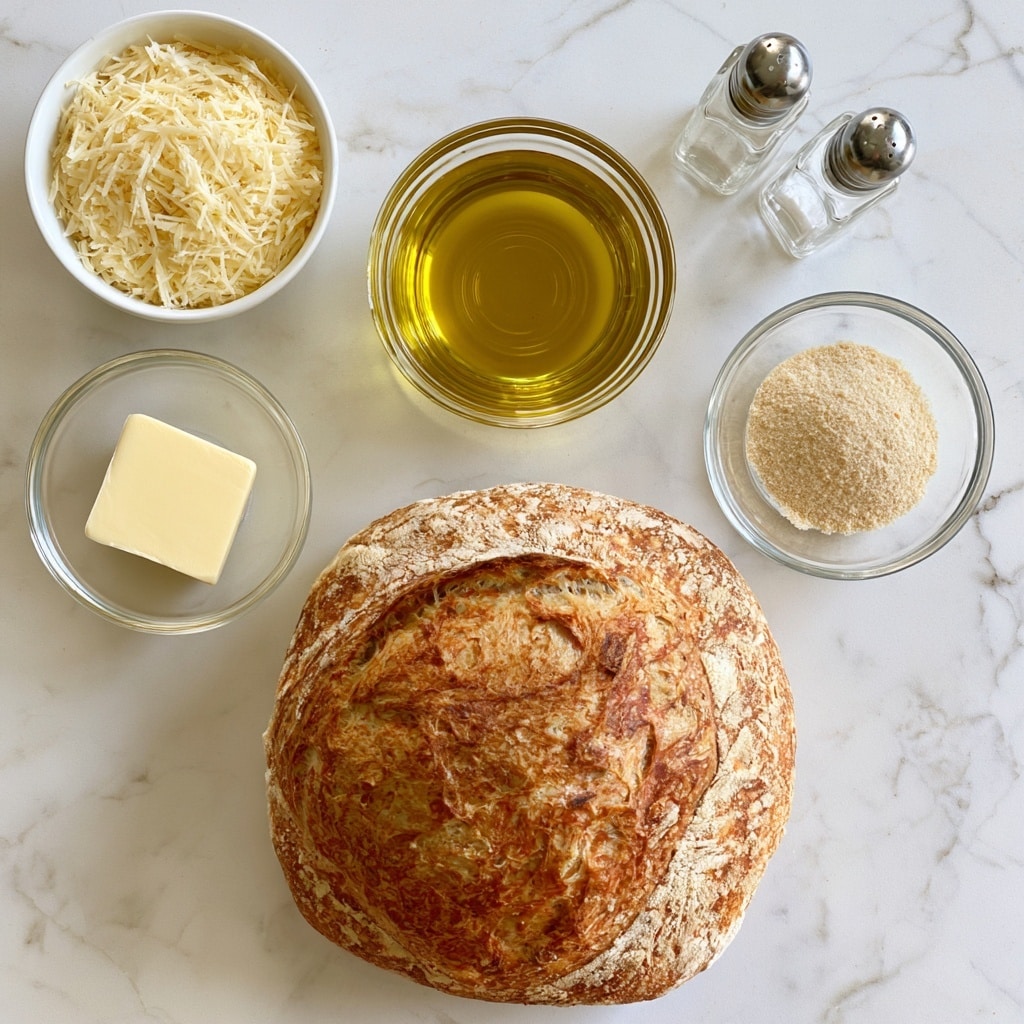 A visually simple layout on a white marbled surface showing ingredients for a dish, including a round sourdough bread with a thick crust and textured golden-brown top at the bottom center, a small clear glass bowl with a square pat of pale yellow butter on the left side, a small clear glass bowl with light beige garlic powder on the right side, a small white bowl filled with finely grated pale yellow Parmesan cheese at the top left, a small clear glass bowl containing golden yellow olive oil in the center, and two clear salt and pepper shakers with silver tops placed near the top right. All items are spaced apart evenly to show the ingredients clearly photo taken with an iphone --ar 4:5 --v 7