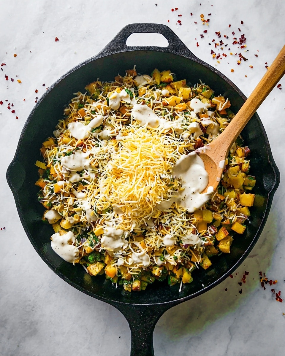 A black cast iron pan filled with a mix of cooked diced yellow and green vegetables, scattered shredded yellow and white cheese on top, and dollops of creamy white sauce in the middle. A wooden spoon is resting inside the pan, partially covered in the creamy sauce. The pan is placed on a white marbled surface with small red flakes scattered around. photo taken with an iphone --ar 4:5 --v 7