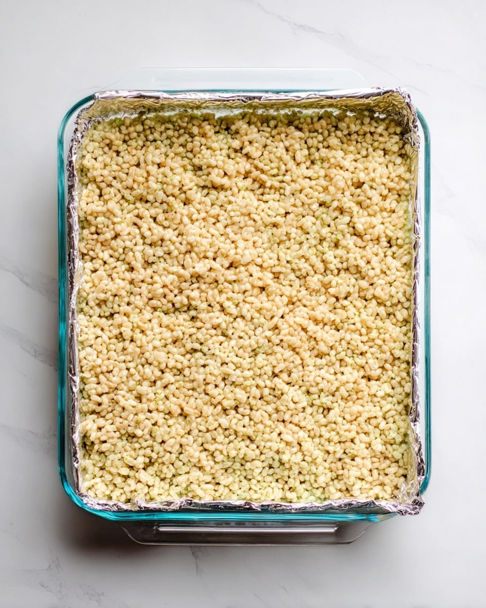 The image shows a clear glass rectangular baking dish lined with foil, filled with a single thick layer of pale yellow-green crispy rice treats that cover the entire surface evenly. The crispy rice pieces are tightly packed together, forming a rough but cohesive textured top. The dish is placed on a white marbled texture surface, providing a clean and simple background. photo taken with an iphone --ar 4:5 --v 7
