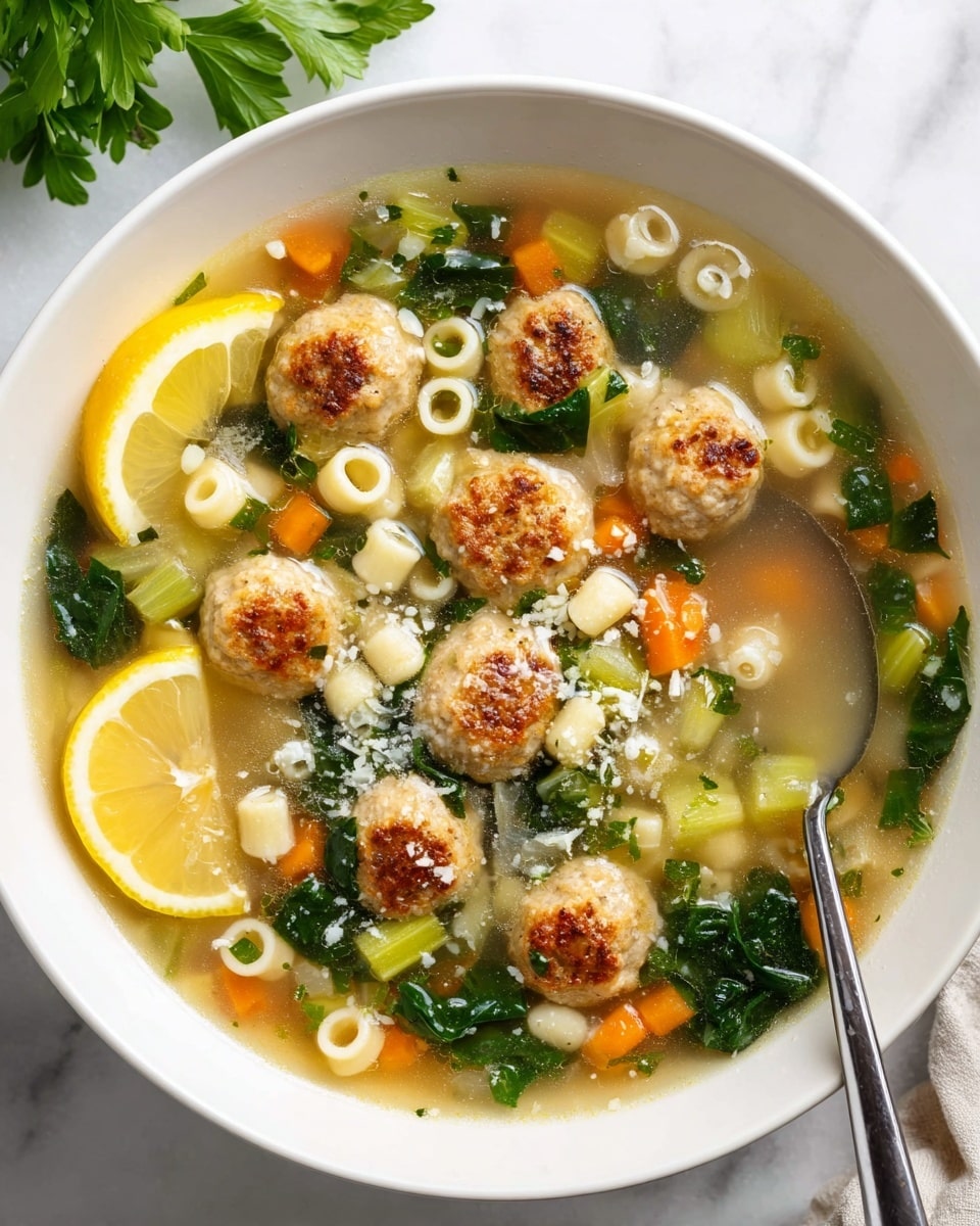 A white bowl filled with clear broth soup with about 10 small, round, golden brown meatballs floating on the top layer, scattered with small white pasta rings, bright orange carrot chunks, green leafy vegetables, and chopped celery pieces. Two yellow lemon wedges rest on the left side of the bowl. A shiny silver spoon is partially submerged on the right side of the bowl. The soup has a light sprinkle of white cheese on top, and the background is a white marbled texture with some green parsley leaves visible near the top left corner. photo taken with an iphone --ar 4:5 --v 7