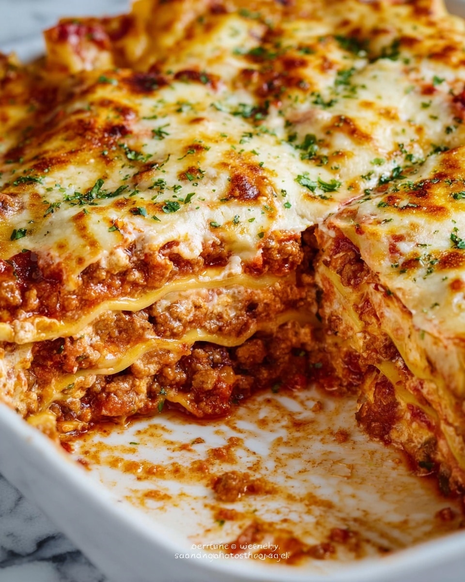 A white dish holds a layered lasagna with several visible layers alternating between flat pasta sheets, a thick layer of red tomato sauce mixed with cooked ground meat, and creamy white cheese. The top layer is golden brown melted cheese sprinkled with small bits of green herbs. A piece is missing, showing the cross-section of the layers and some sauce that has spread onto the white marbled surface beneath the dish. The textures show a mix of smooth pasta, hearty meat sauce, and bubbly melted cheese. photo taken with an iphone --ar 4:5 --v 7