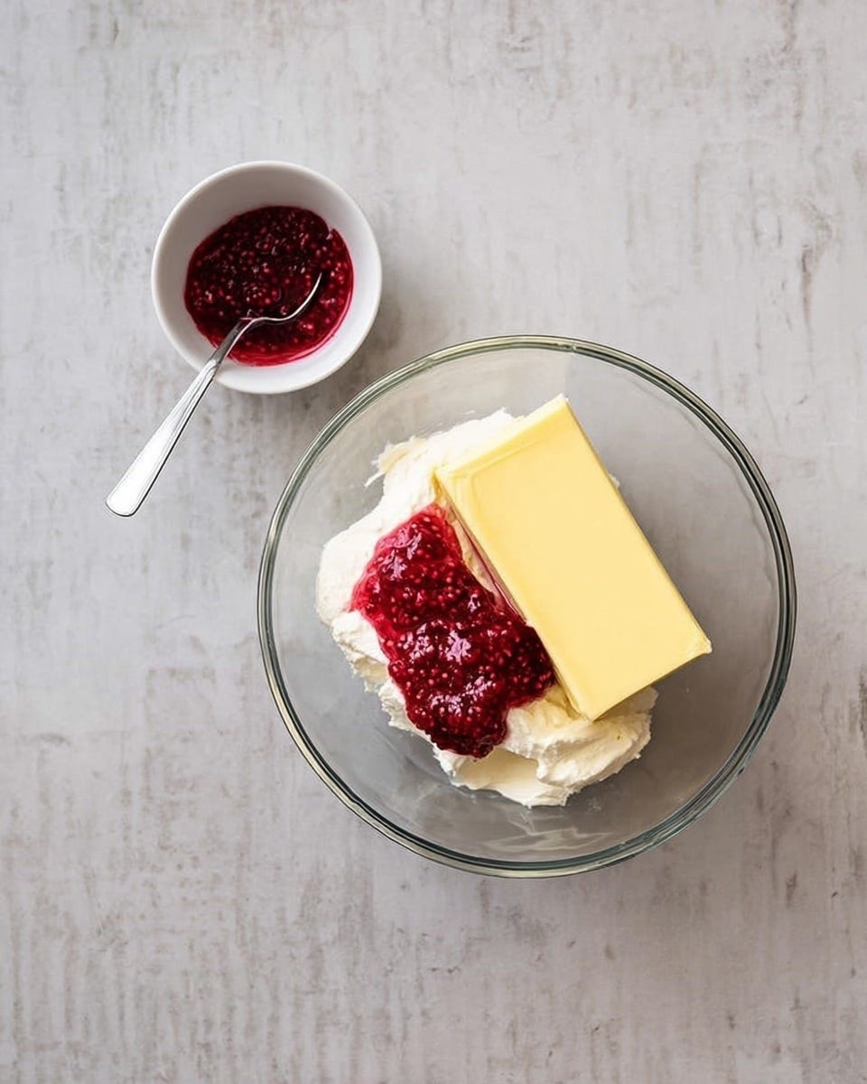 In a clear glass bowl on a white marbled surface, there are three main layers: a large thick white layer of cream cheese at the bottom, a smaller bright red layer of raspberry jam with visible seeds on top of the cream cheese, and a long rectangular yellow layer of butter resting diagonally over the jam and cream cheese. Next to the bowl is a small white bowl with some raspberry jam inside and a silver spoon resting in it. Photo taken with an iphone --ar 4:5 --v 7