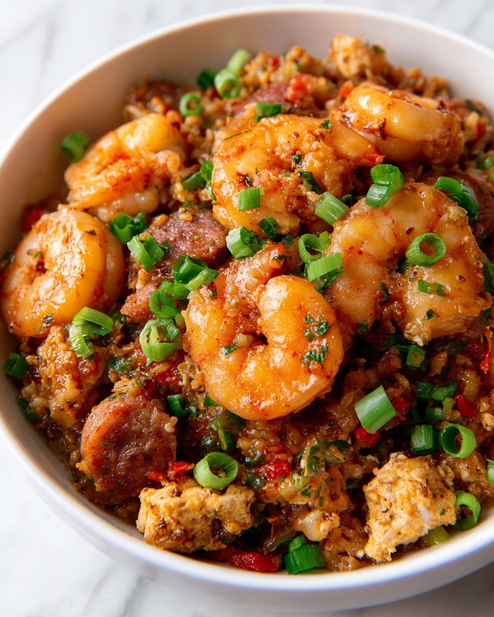 The dish is a close-up of cooked shrimp with rice and small pieces of chicken in a white bowl. The shrimp are orange with a slight char and some green chopped herbs on top. The rice looks soft and lightly brown with bits of red pepper mixed in. The chicken pieces are white and mixed into the rice. A wooden spoon lifts a portion showing a shrimp on top surrounded by rice and chicken, all sprinkled with green herbs. The background is a white marbled surface. photo taken with an iphone --ar 4:5 --v 7