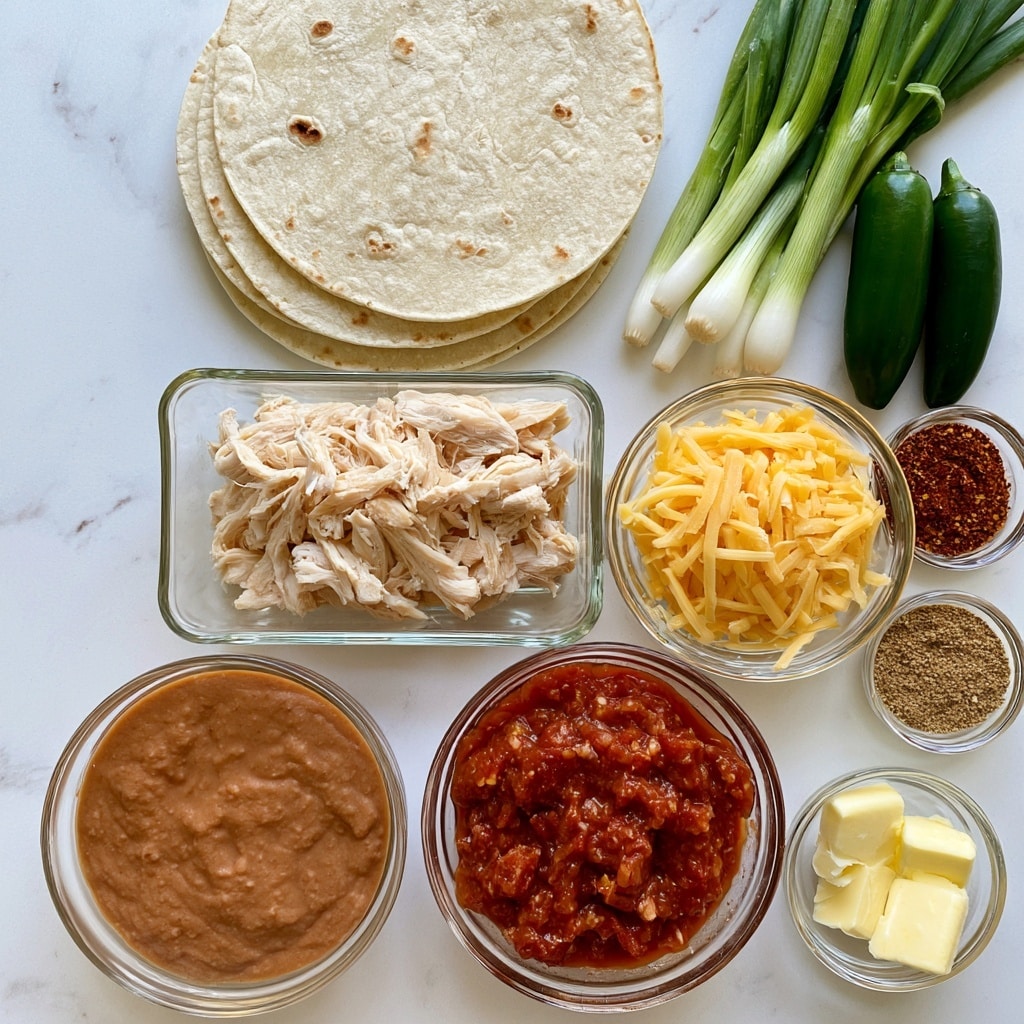 A top view of ingredients for making a taco or burrito laid out on a white marbled surface. At the top center, there is a stack of three round flour tortillas, with a light beige color and small brown spots. To the right of the tortillas, a bunch of green onions with white bulbs and bright green stalks lies next to two dark green jalapeño peppers. Below the tortillas, in the center, there is a clear rectangular glass container filled with pale shredded chicken. To the right of the chicken is a clear round glass bowl holding a mound of yellow shredded cheese. Next to it are two small clear glass bowls with ground chili powder and coriander powder in reddish-brown and light brown colors. Below the chicken, on the left side, is a clear bowl filled with smooth, brown refried beans. To the right, there is another clear bowl with chunky red salsa. At the far bottom right, a small clear bowl contains four pieces of pale yellow butter. All the bowls and containers are transparent, showing the different textured foods inside. photo taken with an iphone --ar 4:5 --v 7