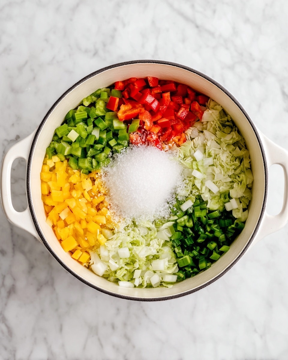 A white pot on a white marbled surface holds seven sections of finely chopped vegetables and salt in the center. Starting from the top and moving clockwise, there is bright red bell pepper, green bell pepper, yellow bell pepper, dark green small chili pepper, light green celery, white onion, and light green cabbage. In the center of the pot is a pile of white salt, creating a clear contrast with the colorful vegetables around it. The pot has two handles visible on each side. Photo taken with an iphone --ar 4:5 --v 7
