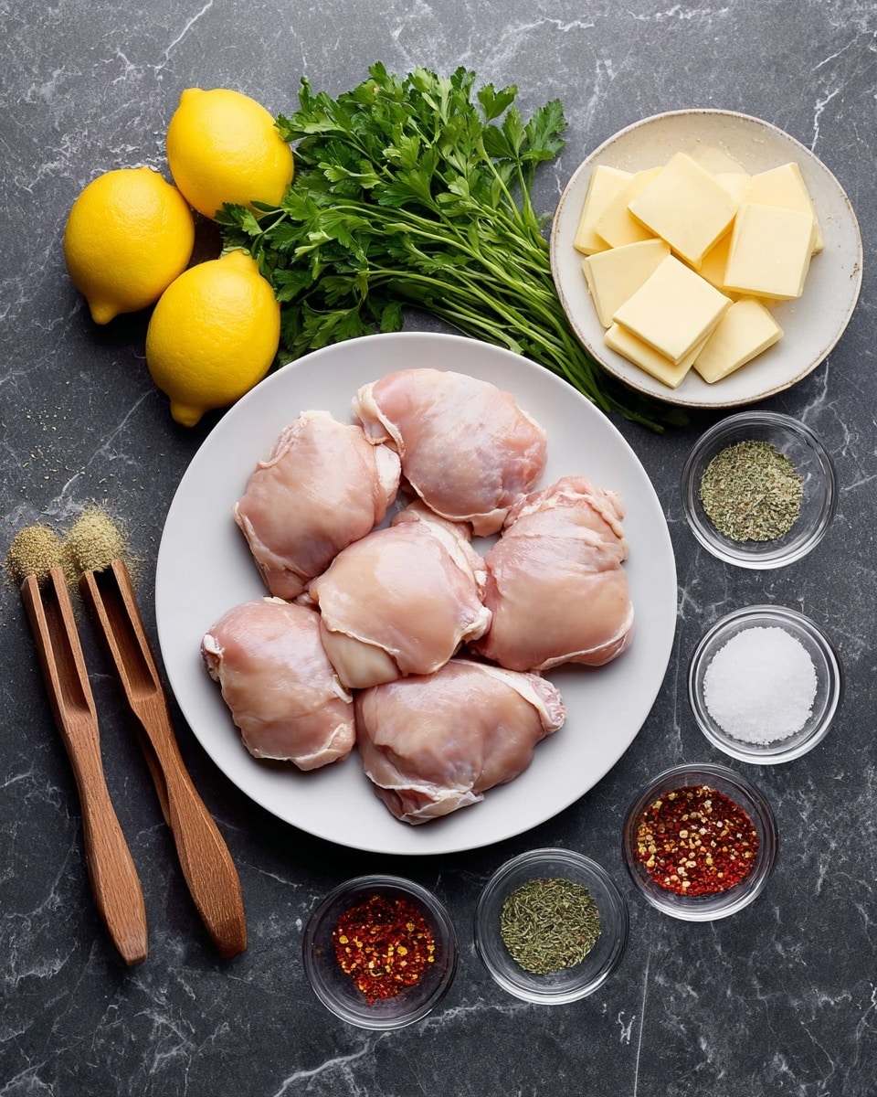 A white plate full of eight raw chicken thighs, pale pink with smooth textures, is in the middle of the image. To the left are two bright yellow lemons and a bunch of fresh green parsley with leafy stems. Two wooden measuring spoons hold a light powder seasoning next to the lemons. On the right side, a small white bowl contains several pale yellow butter slices, and three clear small bowls hold white salt, red paprika powder, and finely chopped garlic. Below those are four wooden measuring spoons filled with black pepper, red chili flakes, and green dried herbs. The whole setup rests on a dark stone surface, but the background is changed to a white marbled texture. The photo taken with an iphone --ar 4:5 --v 7