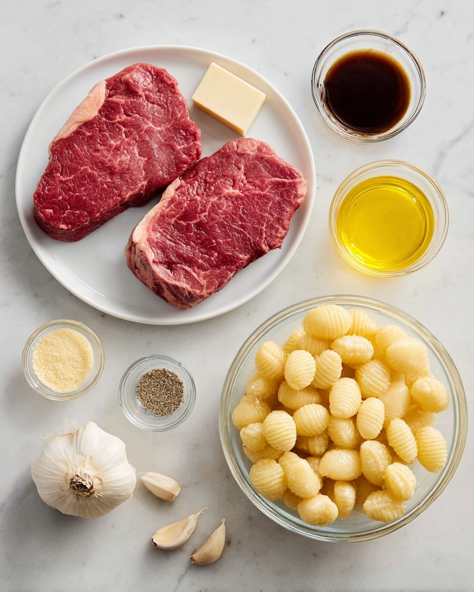 A white plate on a white marbled surface holds two raw red steaks with visible marbling. To the right, a glass bowl is full of pale yellow gnocchi with ridged textures. Surrounding the main items are small clear glass bowls containing a dark brown liquid, light yellow oil, pale yellow lemon juice, and a light brown liquid. There is a chunk of pale yellow cheese with a rough texture and a small square of off-white butter placed near the cheese. Three peeled garlic cloves and a white bowl with four types of seasoning—black pepper, white salt, yellow powder, and light tan powder—are also arranged neatly around the plate and bowl. The image is bright and evenly lit. photo taken with an iphone --ar 4:5 --v 7