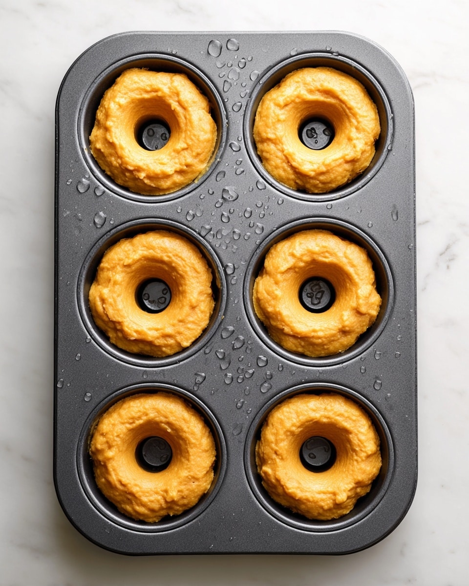 Six sections of a dark gray donut baking pan are filled with smooth, light orange batter shaped into rings, each with a small hollow center. The pan has tiny droplets of water scattered on its surface. The pan sits on a white marbled surface, creating a clean and bright background. photo taken with an iphone --ar 4:5 --v 7