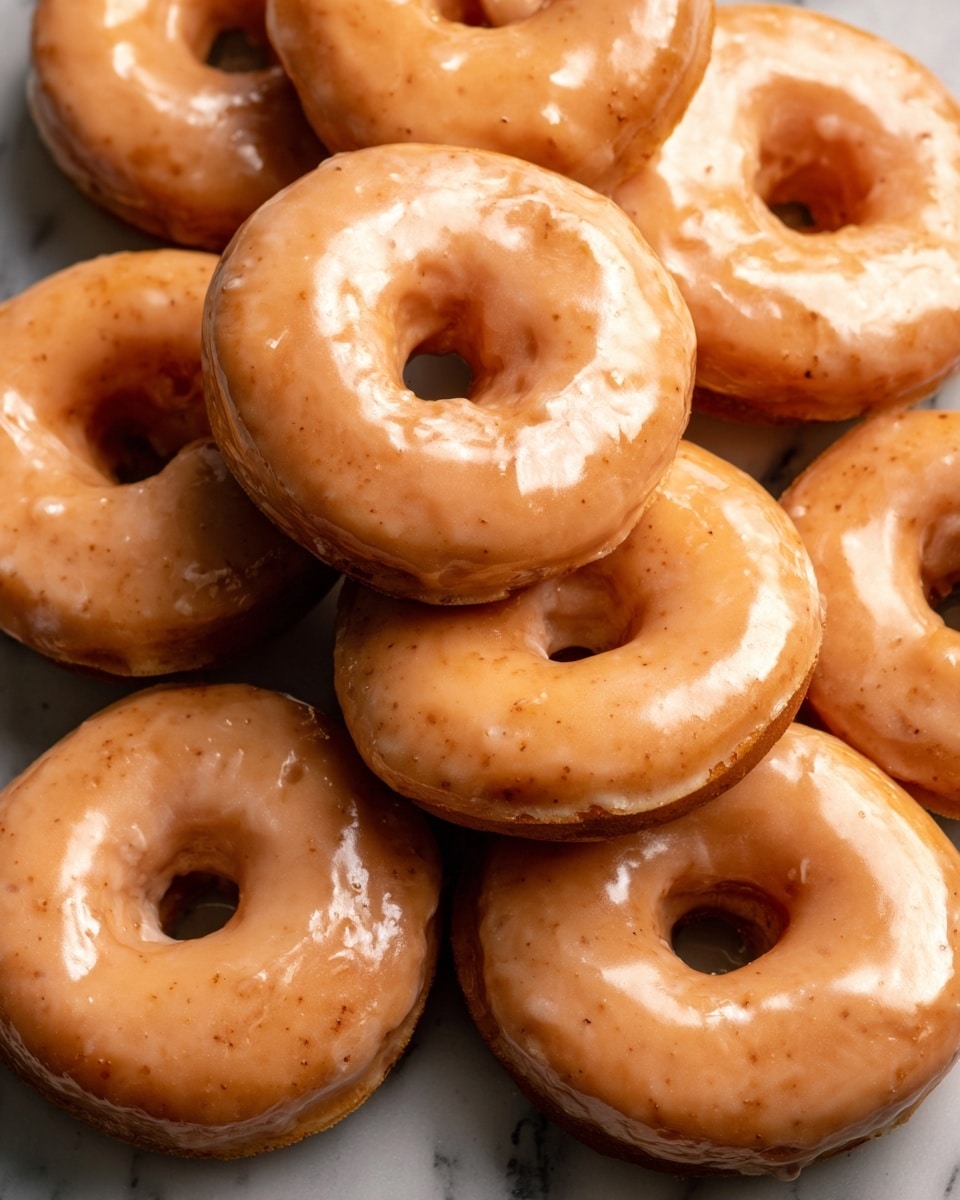 A close-up view of a pile of glazed donuts stacked together, each donut showing one layer of light brown dough with a smooth, shiny, slightly thick pale caramel-colored glaze covering the entire top and sides, with hints of cinnamon specks. The donuts have a soft texture and circular shape with holes in the center. They are placed directly on a white marbled textured surface. Photo taken with an iphone --ar 4:5 --v 7