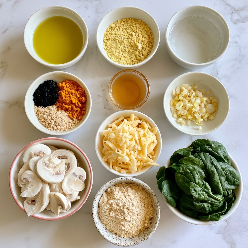 The image shows nine small white bowls arranged on a white marbled surface, each filled with different ingredients. Top left is a bowl with bright yellow olive oil, next to it in the middle top is a bowl with light yellow nutritional yeast flakes, and top right is a bowl with clear water. Below the olive oil, there’s a bowl with three spices: black kala namak, bright orange ground turmeric, and light beige onion powder. Below the nutritional yeast, there's a small bowl of light amber apple cider vinegar. To the right at the same level is a bowl with finely chopped pale yellow shallots or onions. At the bottom left, pink-rimmed white bowl with sliced white mushrooms, next to it on the right is a white bowl full of shredded pale yellow vegan cheese. Below these, a speckled white bowl holds light beige chickpea flour, and to its right is a white bowl filled with fresh dark green baby spinach leaves. Each ingredient is neatly contained in its bowl, labeled with bold black text on a light purple background overlay. Photo taken with an iphone --ar 4:5 --v 7