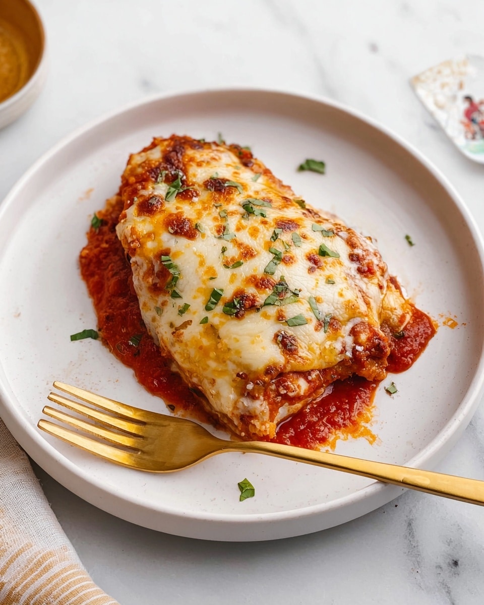 A white plate holds a single serving of a baked dish with three visible layers. The bottom layer is a thick red tomato sauce that spreads slightly beyond the food. The middle layer is a light-colored piece of cooked meat. The top layer is golden cheese melted and browned unevenly, with small green herb pieces scattered across it. A gold fork rests on the plate with its tines touching the tomato sauce. The plate is placed on a white marbled surface. Photo taken with an iphone --ar 4:5 --v 7