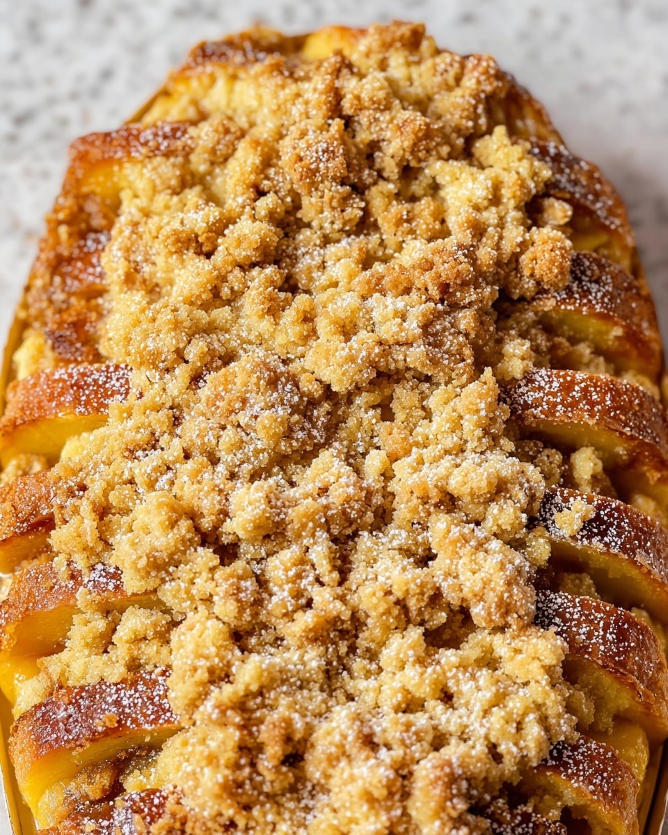 The dish shows two layers, with the bottom layer made of thick slices of orange-colored cooked fruit, arranged hanging around the edges. On top of this is a thick layer of crumbly, golden brown streusel with a rough texture, sprinkled lightly with white powdered sugar. The dish sits on a white marbled surface. photo taken with an iphone --ar 4:5 --v 7
