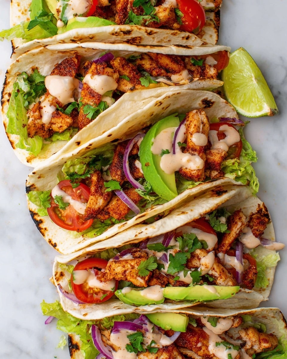 Four tacos are laid closely on a white marbled surface, each soft white tortilla slightly charred with light brown spots, folded open showing layers inside. The bottom layer is fresh green lettuce, topped with golden brown crispy seasoned strips of chicken. On top of the chicken are slices of bright green avocado and red tomato halves, along with thin purple onion strips. Small green cilantro leaves are scattered, and a light beige creamy sauce is drizzled over all the tacos, adding a smooth texture. Photo taken with an iphone --ar 4:5 --v 7