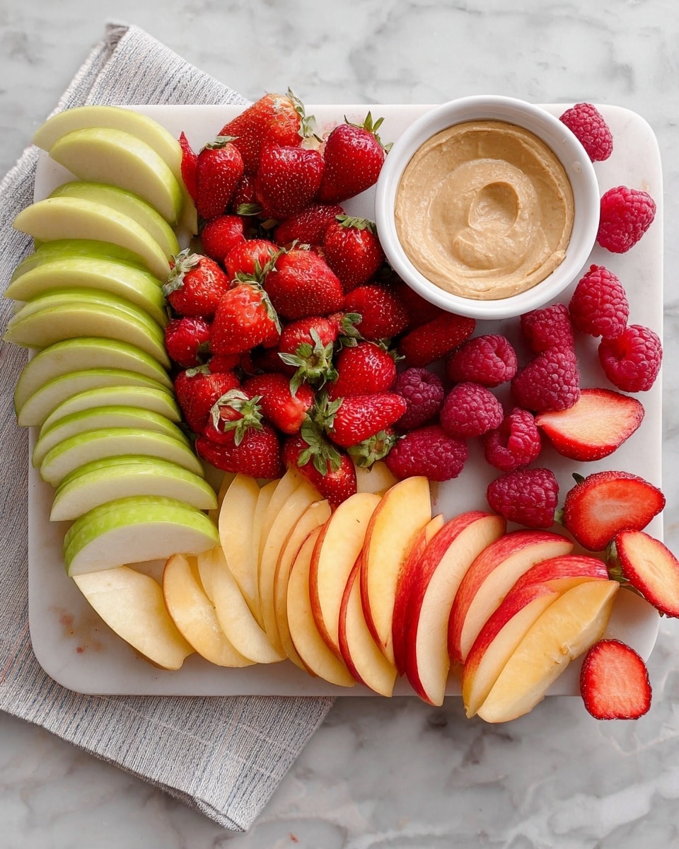 A white marble board holds a colorful fruit platter arranged in five sections with a small white bowl of light brown dip on the right. On the left, there are green apple slices with shiny skin, topped with bright red raspberries. Next, there are halved strawberries with green stems, showing their red inside with small seeds. In the middle, red apple slices fan out with more raspberries in front. To the right of this, yellow peach slices with a smooth texture lay near more halved strawberries. On the far right, pale peach slices with red centers are stacked. Some extra raspberries and apple slices are scattered near the bowl. The whole board is placed on a clean white marble surface. Photo taken with an iphone --ar 4:5 --v 7