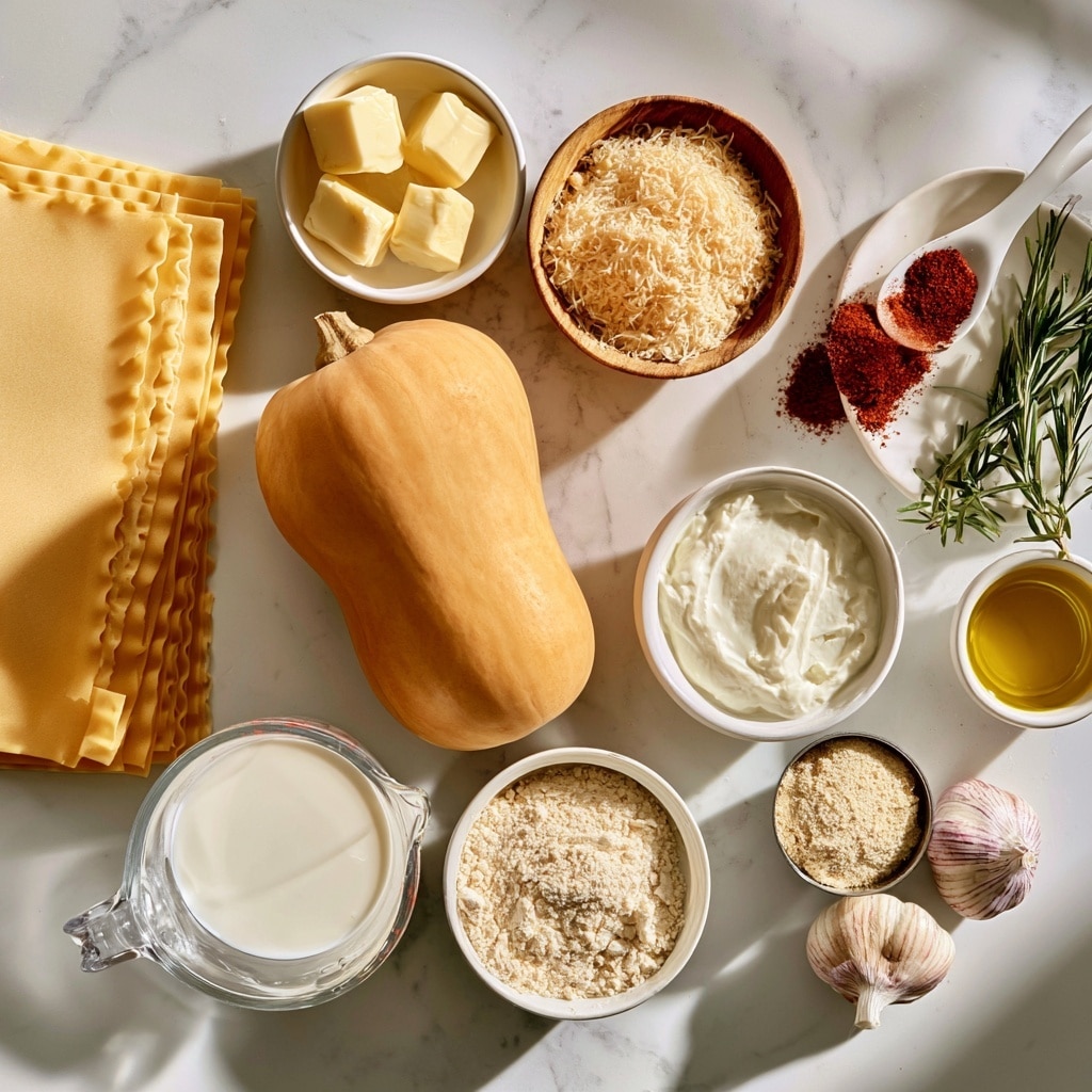 The image shows an arrangement of cooking ingredients on a white marbled surface. There is a stack of pale yellow lasagna noodles on the left side. Next to it, a whole smooth butternut squash with a light orange color sits near the center. Above the squash, a small white bowl holds four pale yellow cubes of butter, and beside it, a wooden bowl contains light creamy shredded parmesan cheese. To the right of the cheese, a white spoon filled with red chili powder rests next to two green sprigs of fresh rosemary on a white dish. Below the squash, a glass measuring cup filled with white milk and a white bowl of heavy whipping cream appear side by side. Next to the cream bowl, a small metal cup contains light beige flour, and two garlic bulbs with pale purple stripes are placed beside it. A small white bowl with golden yellow olive oil is near the rosemary. The overall look is clean and organized, with soft natural lighting. photo taken with an iphone --ar 4:5 --v 7