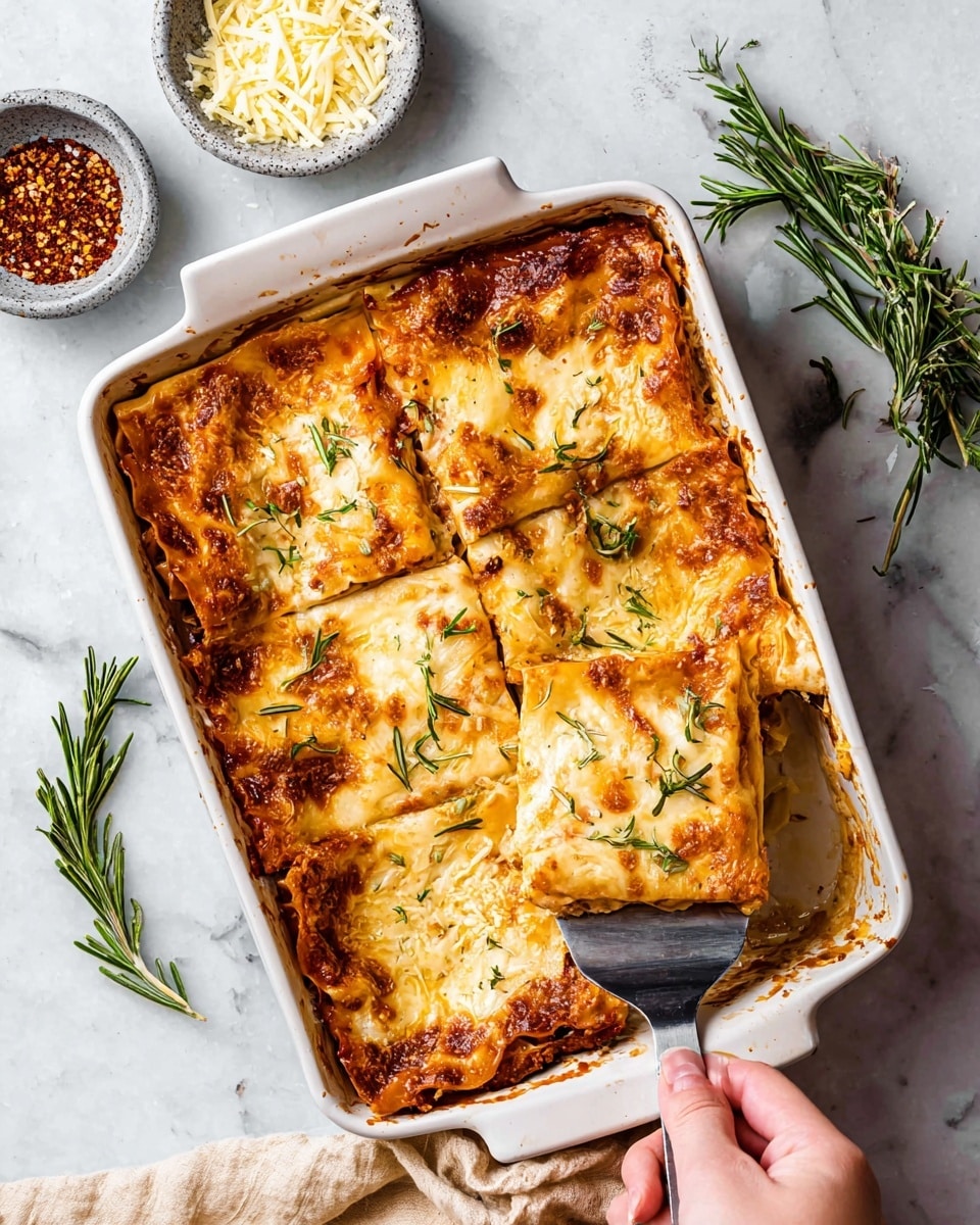 A thick square piece of lasagna has four visible layers, each consisting of light golden pasta sheets separated by creamy, slightly textured orange-beige sauce with melted cheese. The top layer is golden brown and bubbly, with small browned spots indicating it is baked. A small green rosemary sprig lies on top for garnish. The lasagna sits on a white plate with a subtle pattern, placed on a white marbled surface. In the background, there are scattered cheese shreds and blurred elements including a glass of water. Photo taken with an iphone --ar 4:5 --v 7