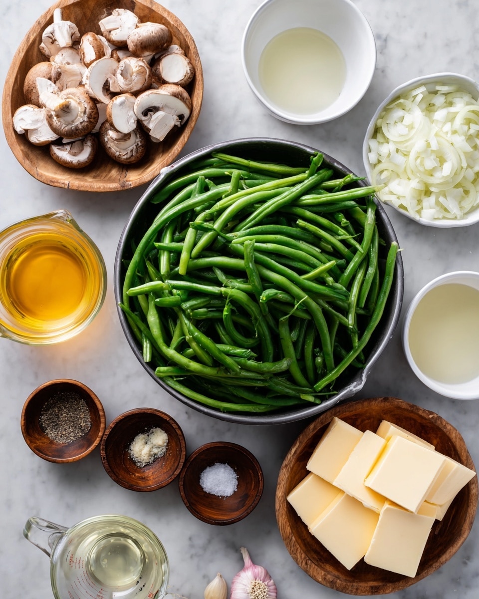 A top view shows a large metal bowl full of fresh green beans with smooth textures piled high in the center. Around it are several small white bowls with light-colored liquids and chopped white onions, a white bowl of sliced mushrooms, and a small wooden bowl with four square pieces of pale yellow butter. There are also small dark wooden bowls with minced garlic, a dark sauce, and salt and pepper. In the bottom left corner, there is a clear glass measuring cup filled with a yellowish liquid. All these items sit on a clean white marbled surface photo taken with an iphone --ar 4:5 --v 7