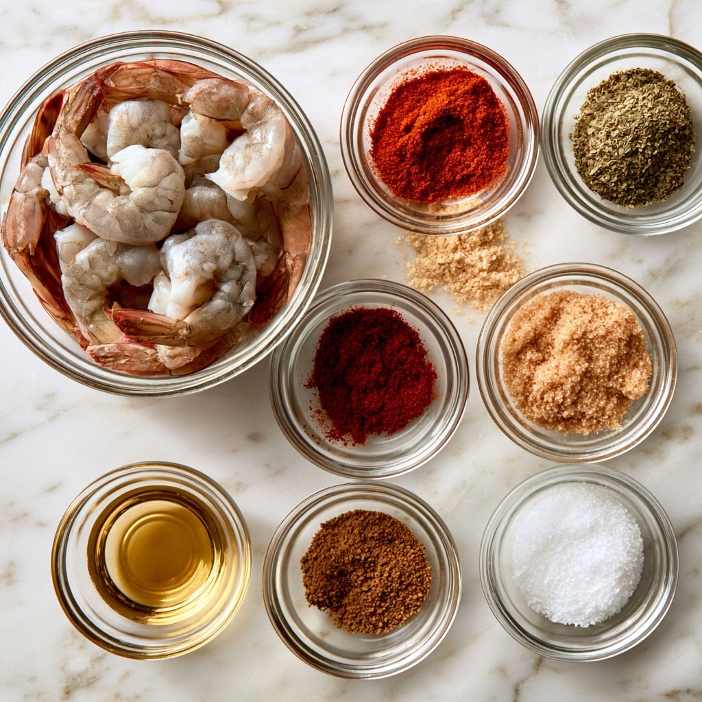 A top-down view shows nine small clear glass bowls arranged on a white marbled surface. The largest bowl at the top left is filled with raw shrimp, pale gray with pinkish tails. To the right are seven smaller bowls each with a different spice or ingredient: bright reddish paprika, greenish dried oregano, light brown garlic powder, deep red chili powder, light brown granulated brown sugar, golden olive oil, brownish cumin, and white salt. Each bowl's contents have a fine, grainy texture or smooth liquid look, all evenly spread inside the bowls. The bowls are spaced neatly with clear visibility of each ingredient’s color and texture photo taken with an iphone --ar 4:5 --v 7
