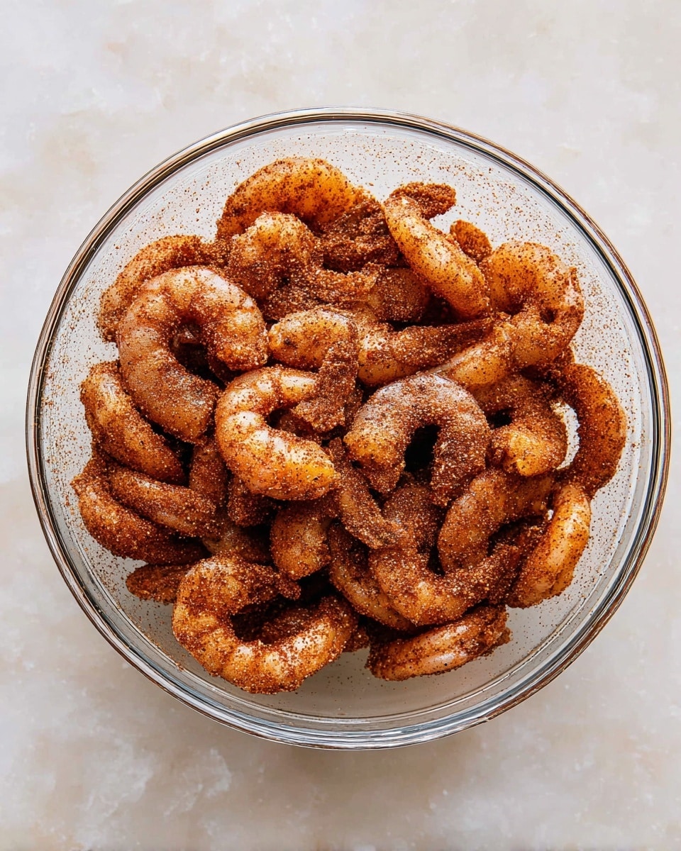 A clear glass bowl filled with a single layer of raw shrimp coated evenly in a dark reddish-brown spice mix, showing the shrimp curled into a