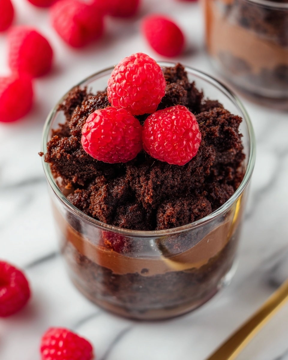 The dessert is served in a clear glass cup, showing three main layers. At the bottom, there is a smooth, dark chocolate layer, topped by a thick layer of moist, crumbly chocolate cake pieces which have a rich, dark brown color. On top of this crumb layer, there are fresh bright red raspberries placed as decoration, adding a pop of color and texture contrast. The cup is set on a white marbled surface with some blurred raspberries and cake pieces in the background. photo taken with an iphone --ar 4:5 --v 7