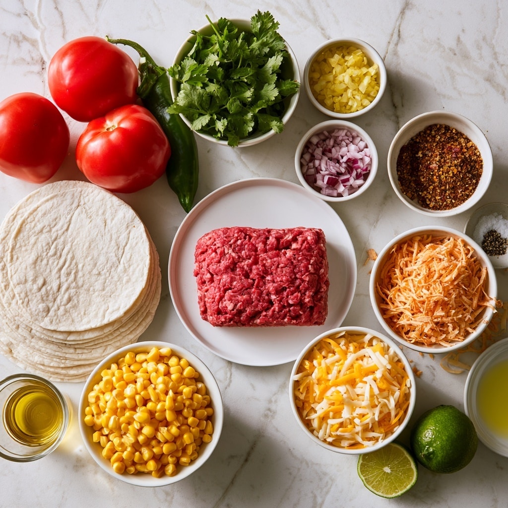 On a white marbled surface, there are arranged ingredients for sheet pan tacos: on a white plate in the center, a block of red lean ground beef is placed. To the left, a stack of white flour tortillas sits next to a clear glass cup with golden olive oil and a white bowl filled with bright yellow corn kernels. Nearby, two large red tomatoes and a green jalapeno pepper add color. Above the beef, fresh green cilantro leaves are in a white bowl, and next to it are two smaller white bowls holding chopped yellow onions and chopped red onions. To the right, a white bowl with mixed brown and red spices is placed near a small bowl with salt and pepper. Below these, two white bowls contain shredded cheeses, one with yellow and white colby jack and the other with shredded pepper jack. To the bottom right, a halved lime and a whole lime are placed with a small bowl of lime juice. The scene is well-lit and neatly organized. Photo taken with an iphone --ar 4:5 --v 7